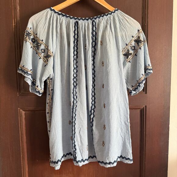 CALYPSO ST. BARTH | Blue Gauze Beaded Boho Peasant Top Short Sleeve  Medium - Picture 6 of 9